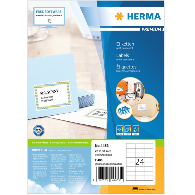 HERMA étiquettes universelles premium, 66 × 33,8 mm, blanc, 2400 pièces