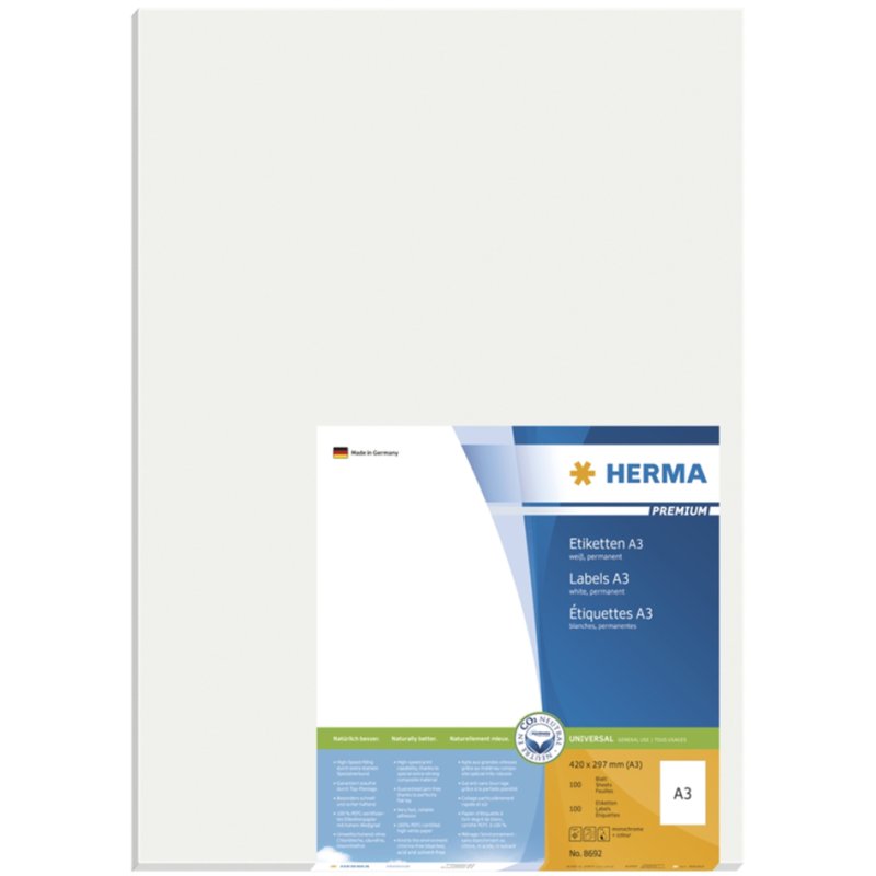 HERMA étiquettes universelles premium, 297 × 420 mm, blanc, 100 pièces