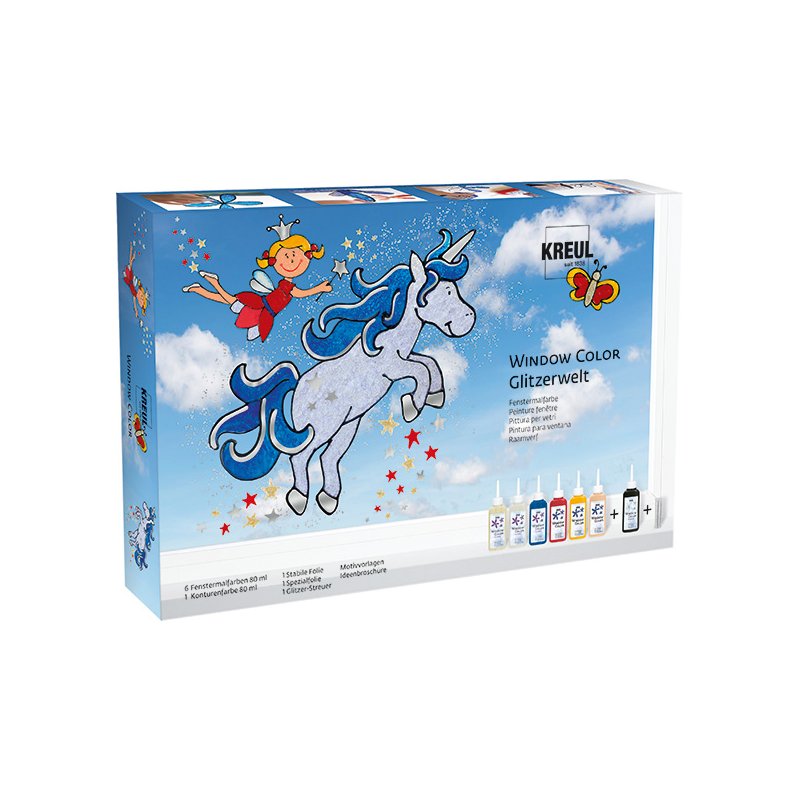 KREUL peinture à craie pour vitres, assortiment paillettes, 7 couleurs, 80 ml