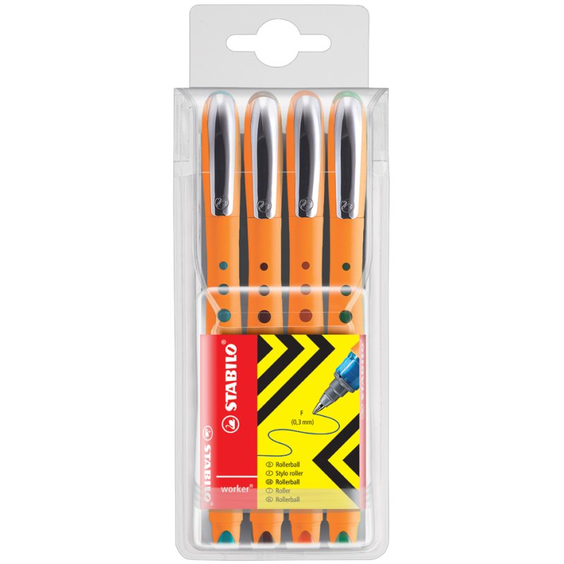 STABILO worker fine rollerball, 0.3 mm, pack of 4