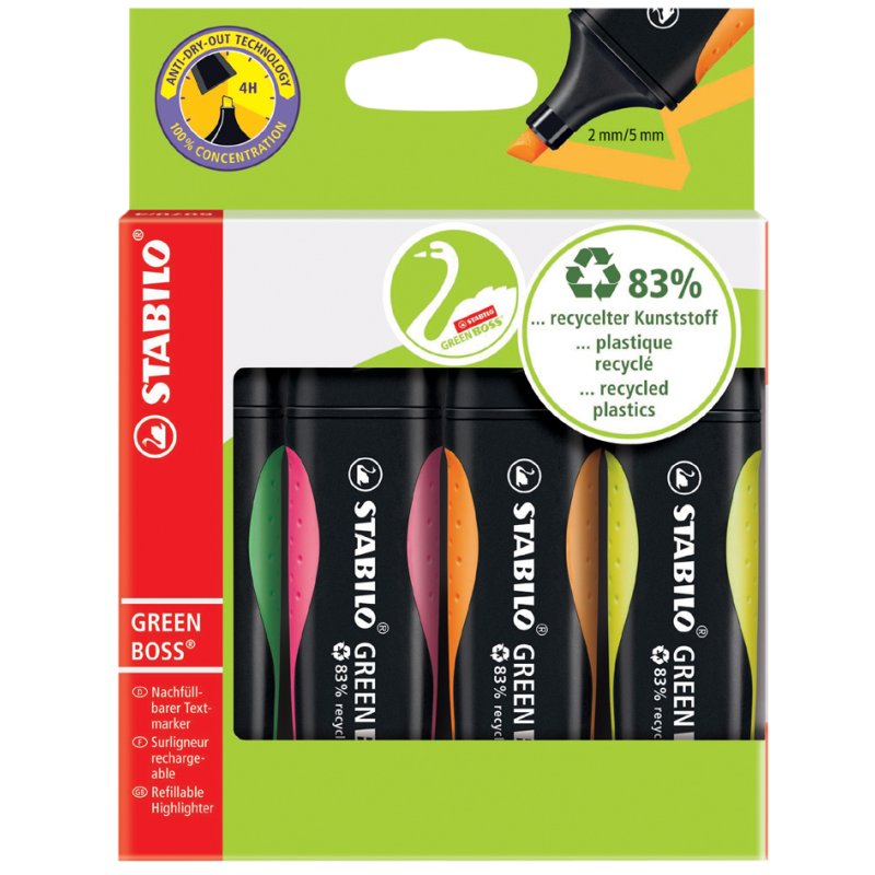 STABILO surligneurs GREEN BOSS, rechargeables, 4 pièces, assortis