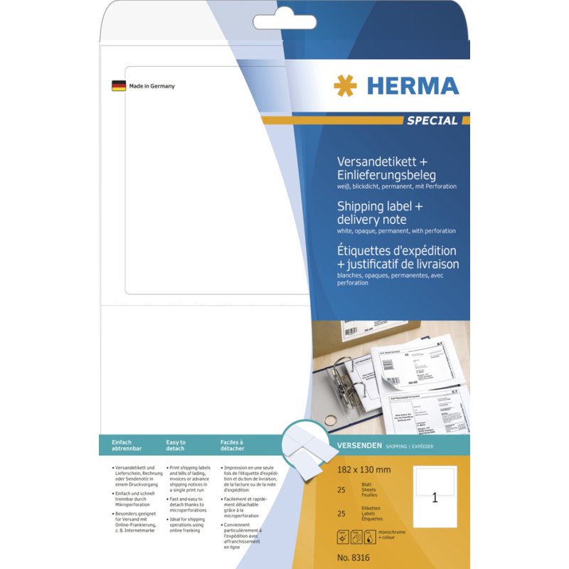 HERMA verzendlabels en postkwitantie SPECIAL, 182×130 mm, wit, 25 stuks