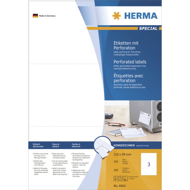 HERMA étiquettes universelles perforées A4, blanc, 300 pièces, 100 feuilles