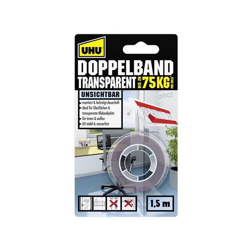 UHU dubbelzijdige montagetape transparant, tot 75 kg, 19 mm × 1,5 m