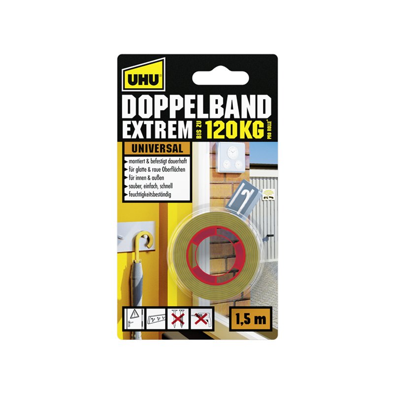 UHU dubbelzijdige montagetape EXTREM, tot 120 kg, 19 mm × 1,5 m