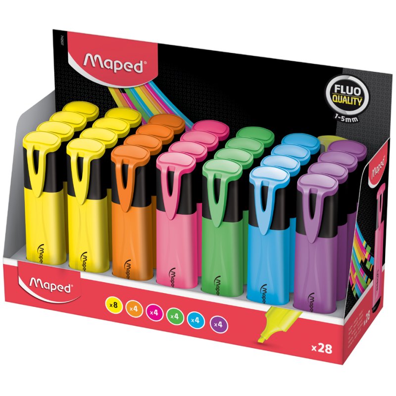 Maped surligneur Fluo'Peps Classic, pointe biseautée, jaune/bleu/vert/orange/rose/lilas, 28 pièces