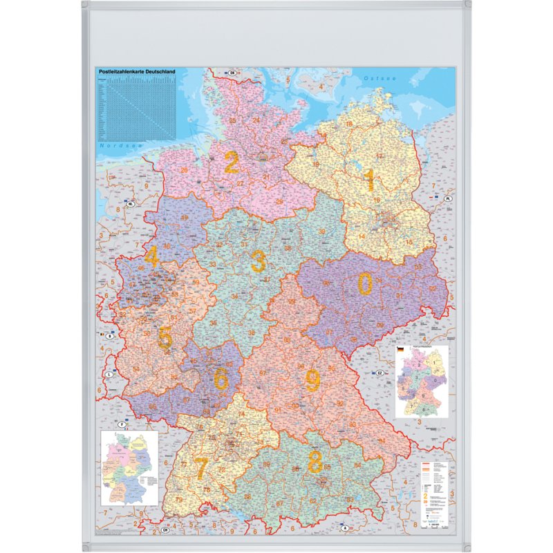 FRANKEN Deutschland postcode kaart, magnethaftend, aluminium frame, 980×1380 mm