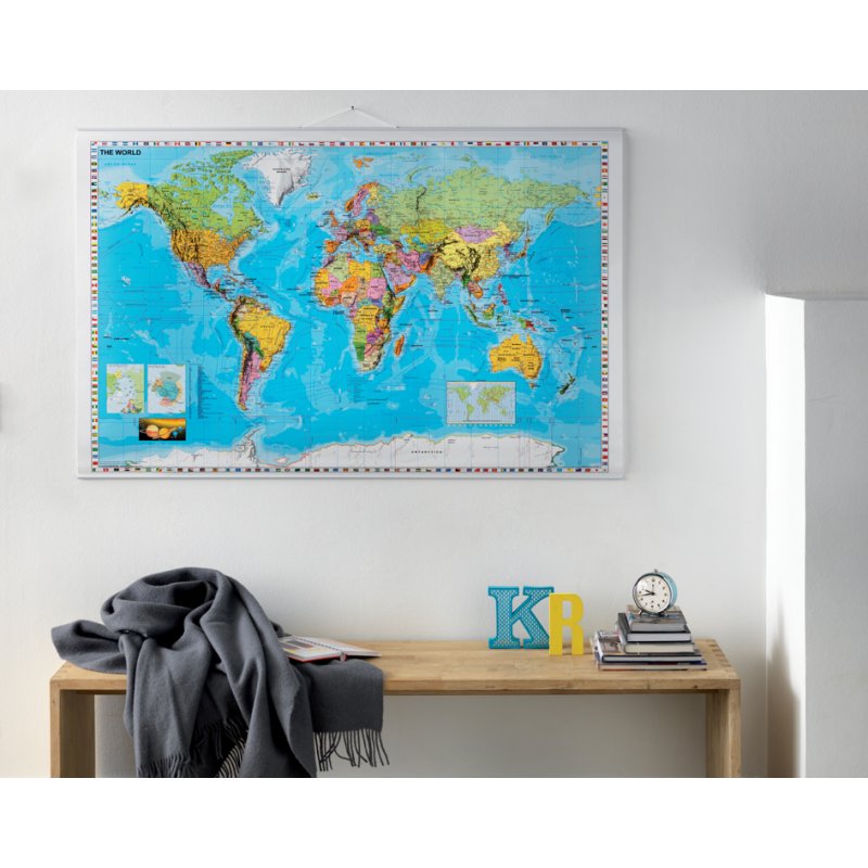 FRANKEN carte du monde laminée, 137×97 cm, effaçable, cadre blanc