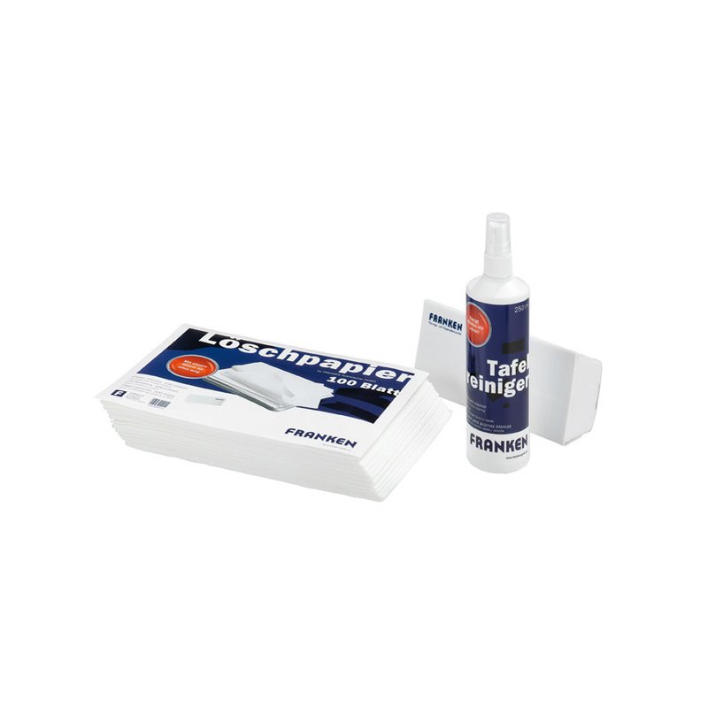 FRANKEN whiteboard cleaning set, 250 ml spray, eraser, 100 sheets of wiping paper