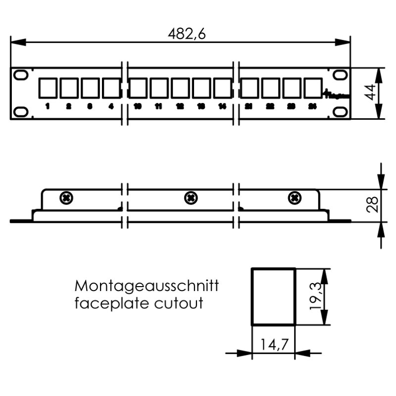TELEGÄRTNER Panneau modulaire 19 pouces, 24 modules AMJ-S Cat.6A, gris clair