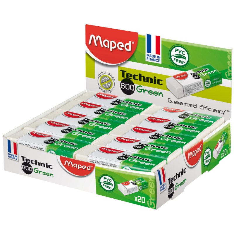 Maped gomme plastique Technic 600, vert, recharge, 20 pièces