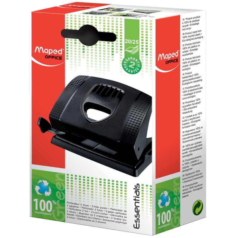 Maped perforator Essentials Green, zwart, 20-25 vel, 99% gerecycled kunststof