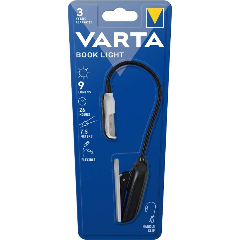VARTA Lampe de lecture LED Book Light, col flexible 150 mm, noir/argent, incluant 2x CR2032