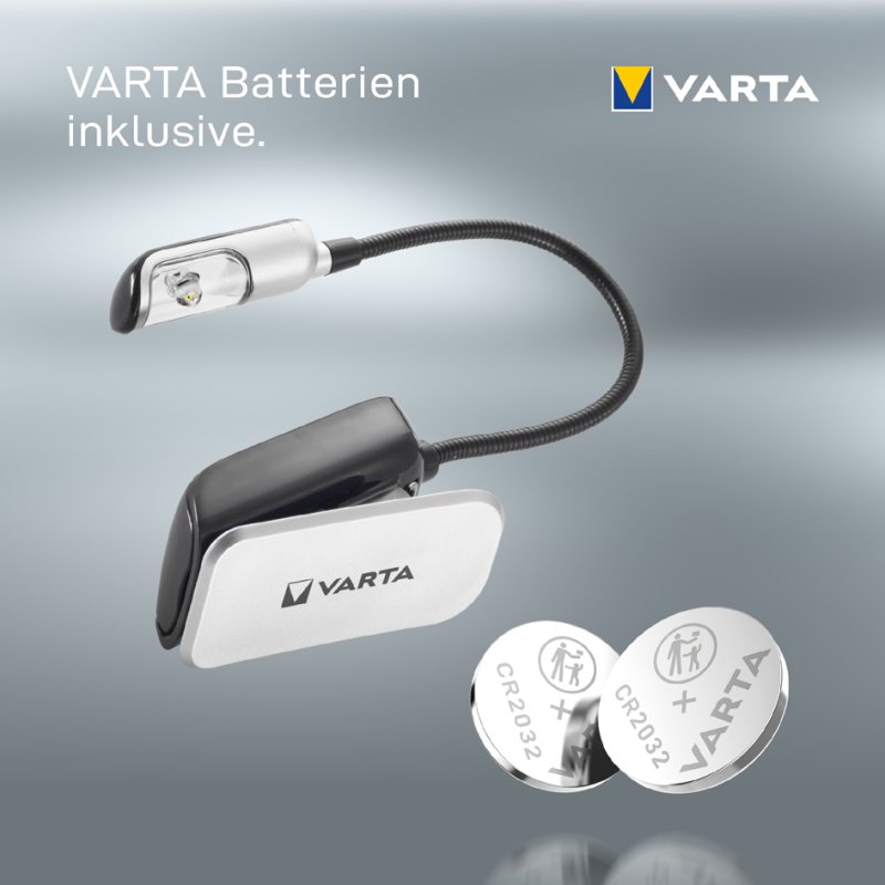 VARTA Lampe de lecture LED Book Light, col flexible 150 mm, noir/argent, incluant 2x CR2032