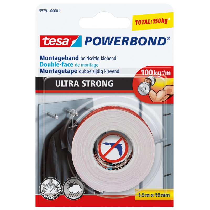 tesa Powerbond ruban de montage ultra résistant, 19 mm × 1,5 m