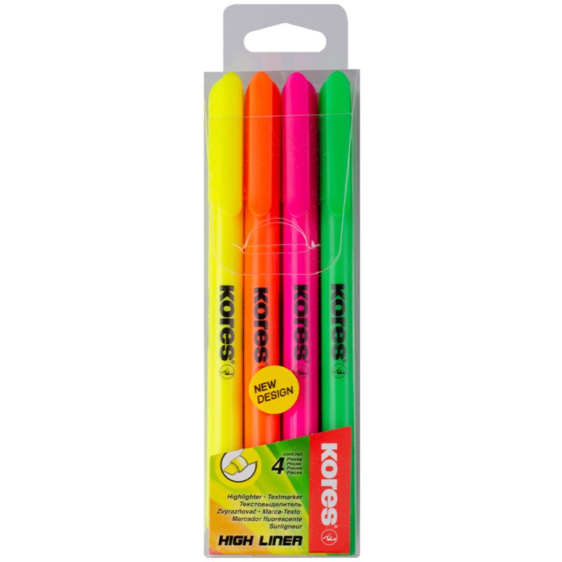 Kores marqueurs surligneur pointe biseautée, 0,5-3,5 mm, jaune/rose/orange/vert, 4 pcs