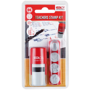 COLOP motivatie stempelset voor leerkrachten, 4 motieven, rood inktkussen