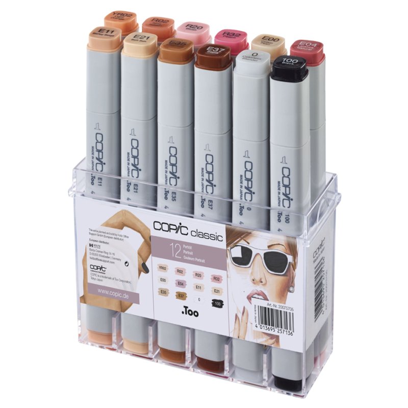 COPIC markers classic set, 12 portretkleuren, navulbaar, alcoholbasis
