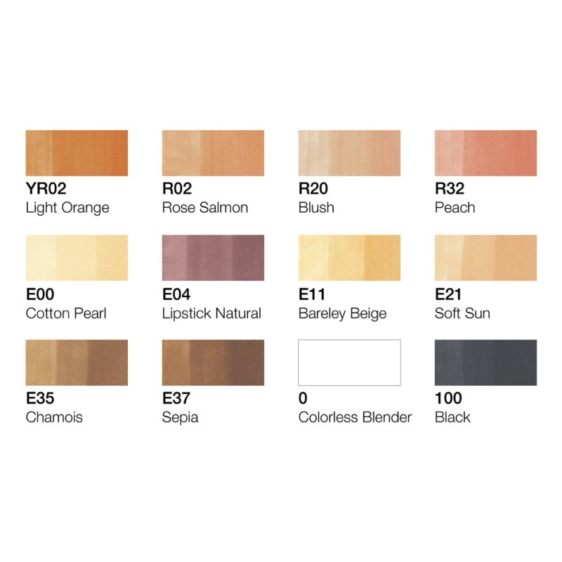 COPIC markers classic set, 12 portretkleuren, navulbaar, alcoholbasis