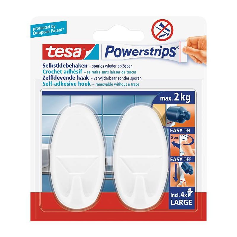 tesa powerful self-adhesive hooks large oval, white, reusable, max. 2 kg