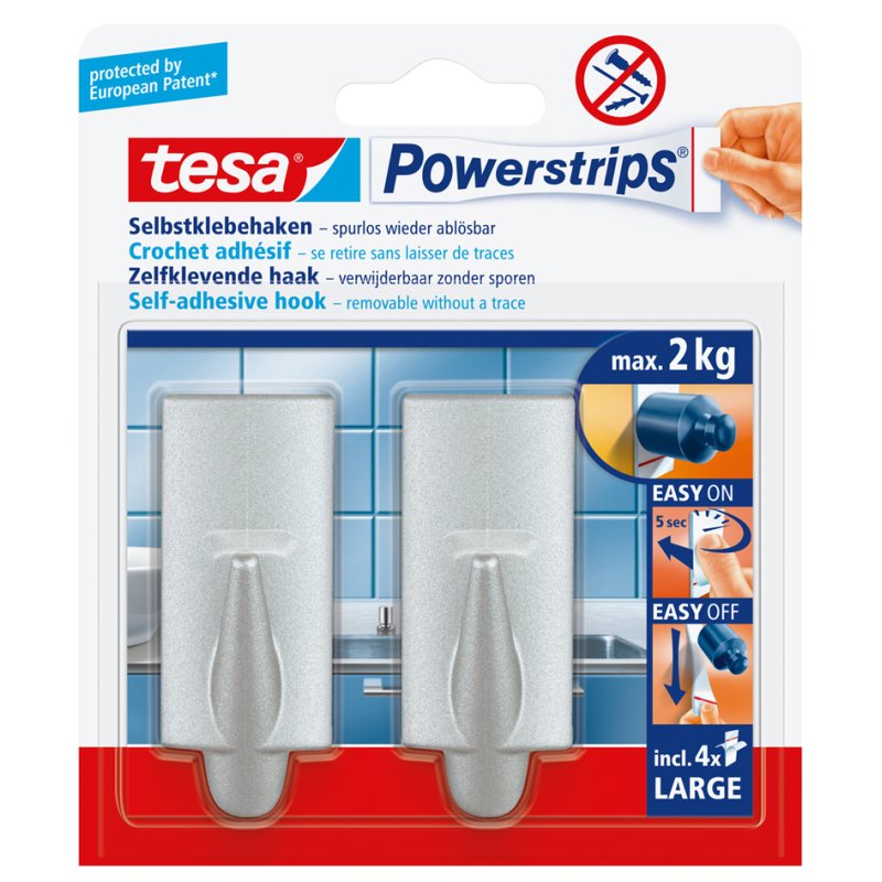 tesa Powerstrips Hooks Large, matt chrome, 2 hooks + 4 strips, max. 2.0 kg