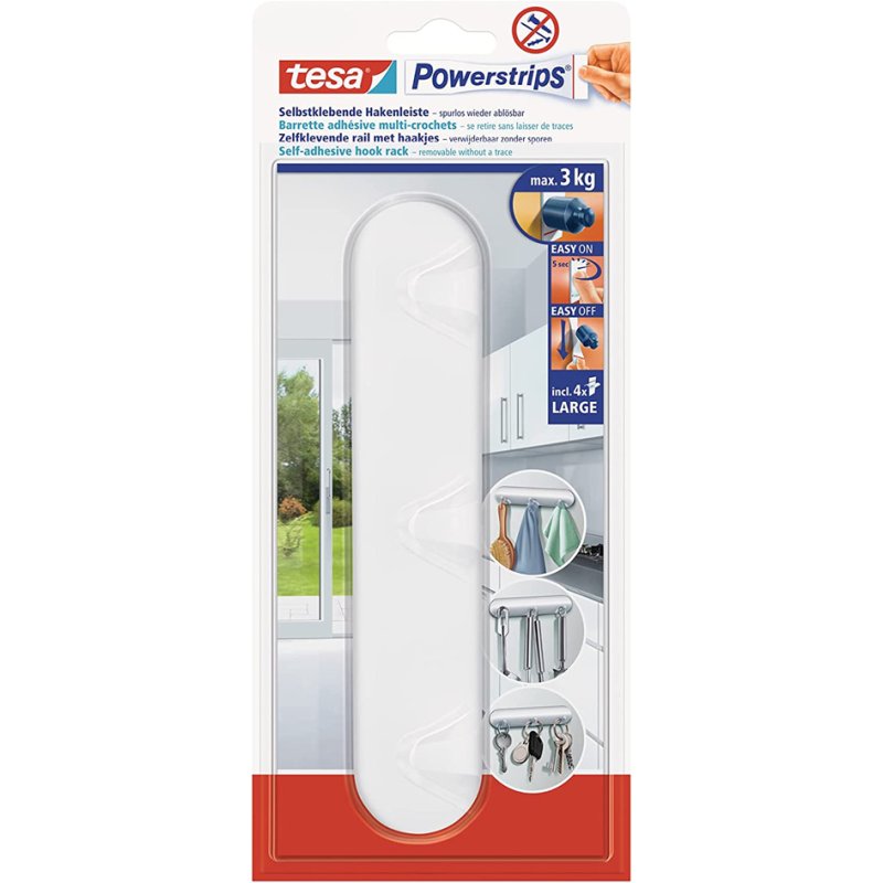 tesa Powerstrips liste à crochets, 3 crochets, blanc, jusqu'à 3 kg