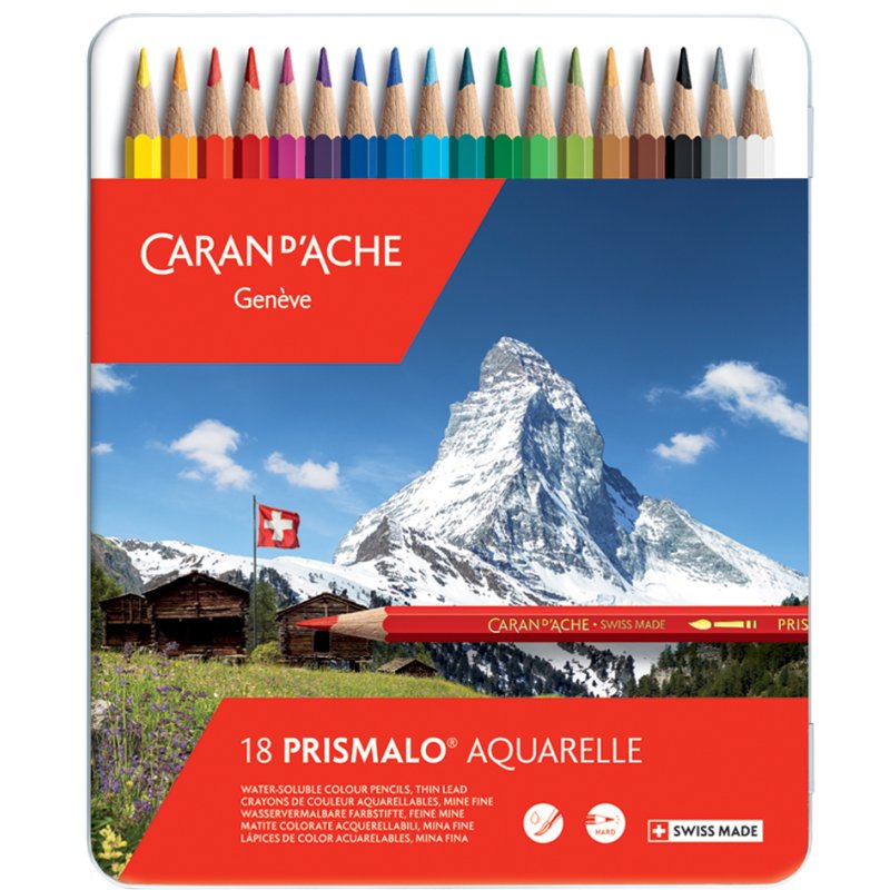 CARAN D'ACHE Crayons aquarellables Prismalo, solubles à l'eau, 18 pièces, étui métallique