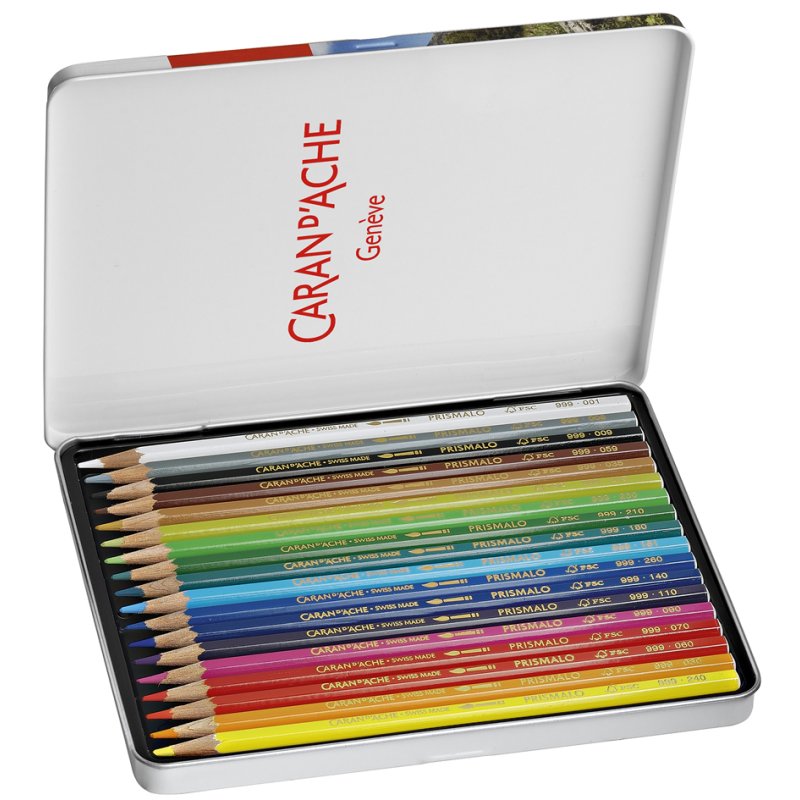 CARAN D'ACHE Crayons aquarellables Prismalo, solubles à l'eau, 18 pièces, étui métallique