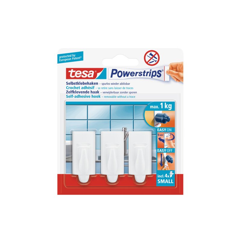 tesa Powerstrips hooks small, reusable, white, max 1 kg
