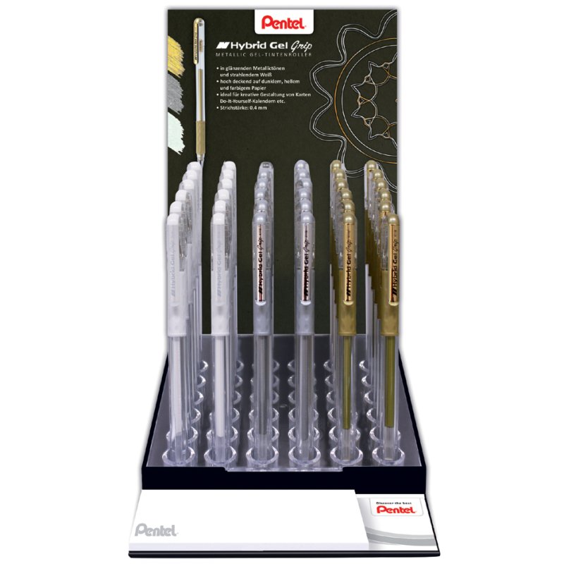Pentel stylos gel K118, blanc/or/argent, boîte de présentation, 72 pièces