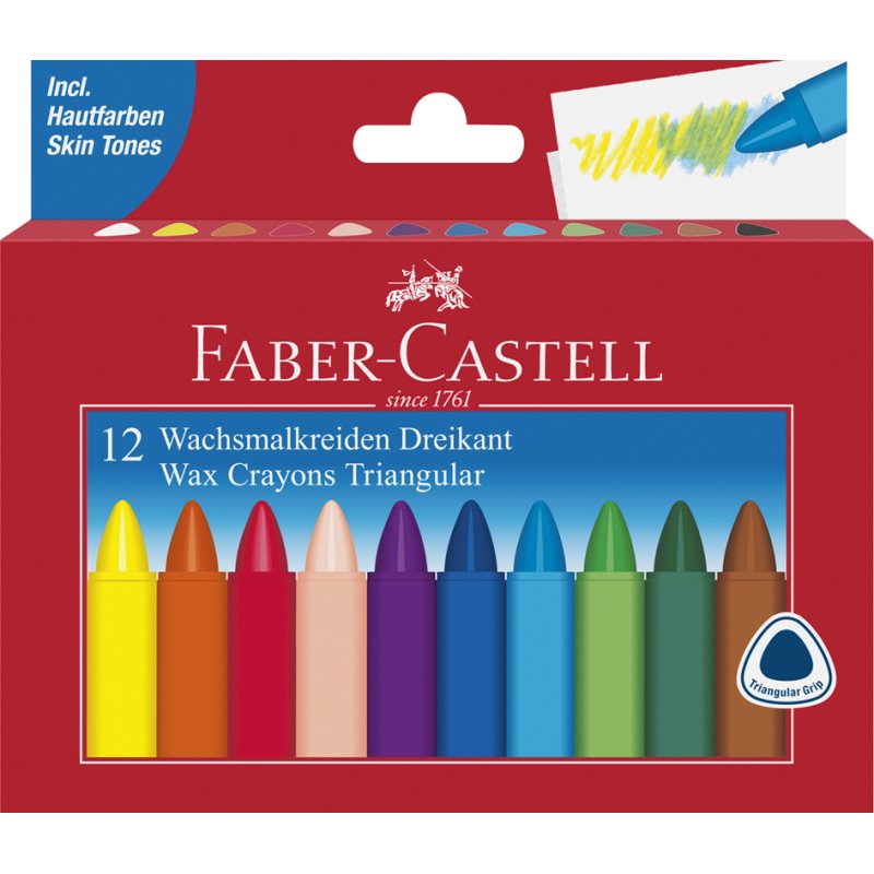 Faber-Castell waskleurpotloden driehoekig, waterbestendig, kartonnen etui, 24 stuks