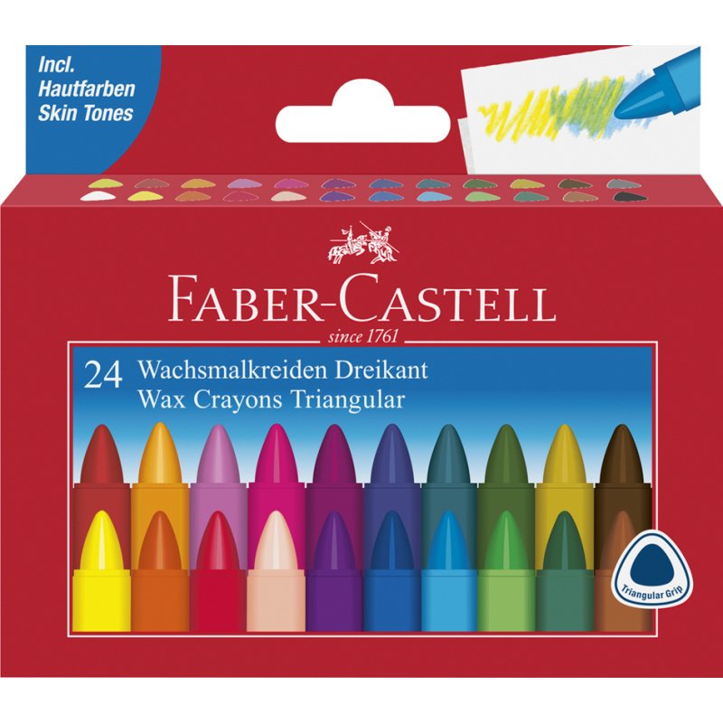 Faber-Castell waskleurpotloden driehoekig, waterbestendig, kartonnen etui, 24 stuks