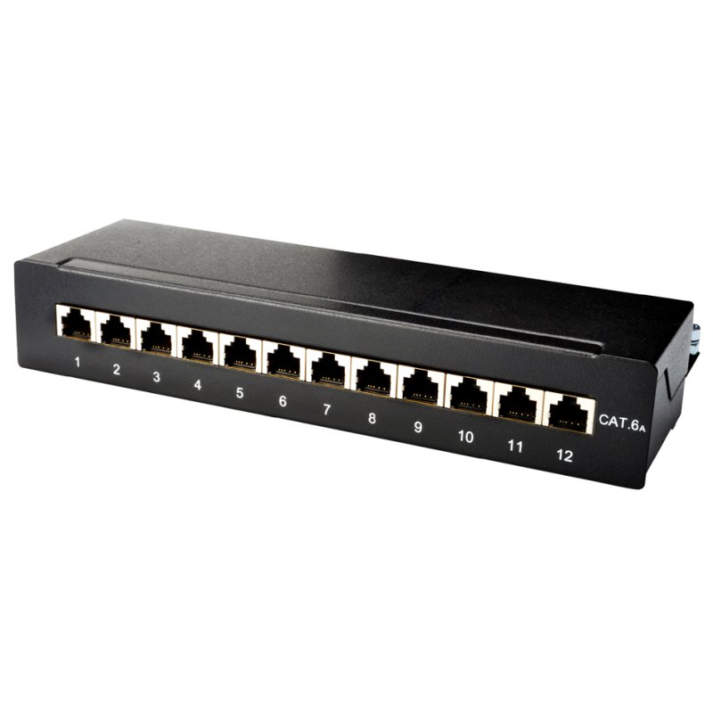 DIGITUS panneau de brassage de bureau catégorie 6A, 12 connecteurs RJ45, noir, 1 HE
