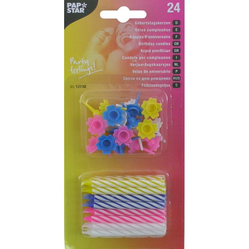 PAPSTAR bougies d'anniversaire blanc rayé, 60 mm, 24 pièces avec supports