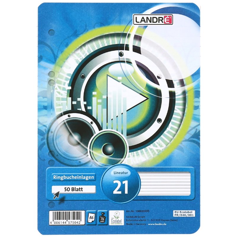 LANDRÉ recharges de classeur A5, quadrillé, perforation 6 trous, 50 feuilles