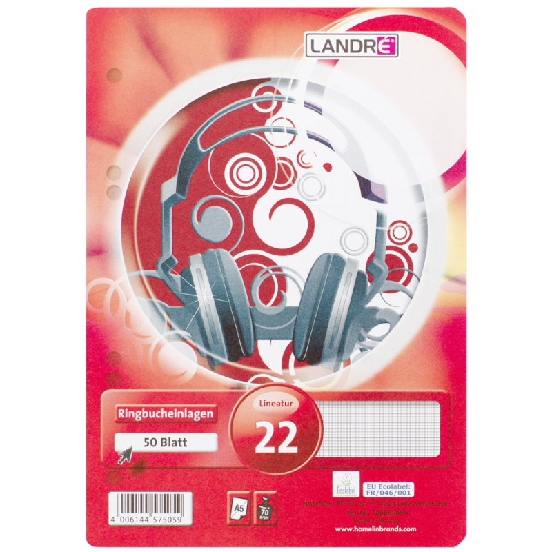 LANDRÉ recharges de classeur A5, quadrillé, perforation 6 trous, 50 feuilles