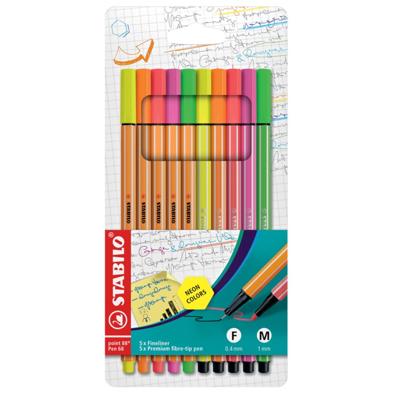 STABILO fineliners point 88 et Pen 68, couleurs néon, 10 pièces