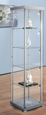 kerkmann vitrine quadrat expoline, 4 glazen planken, aluzilver, 425×425×1800 mm