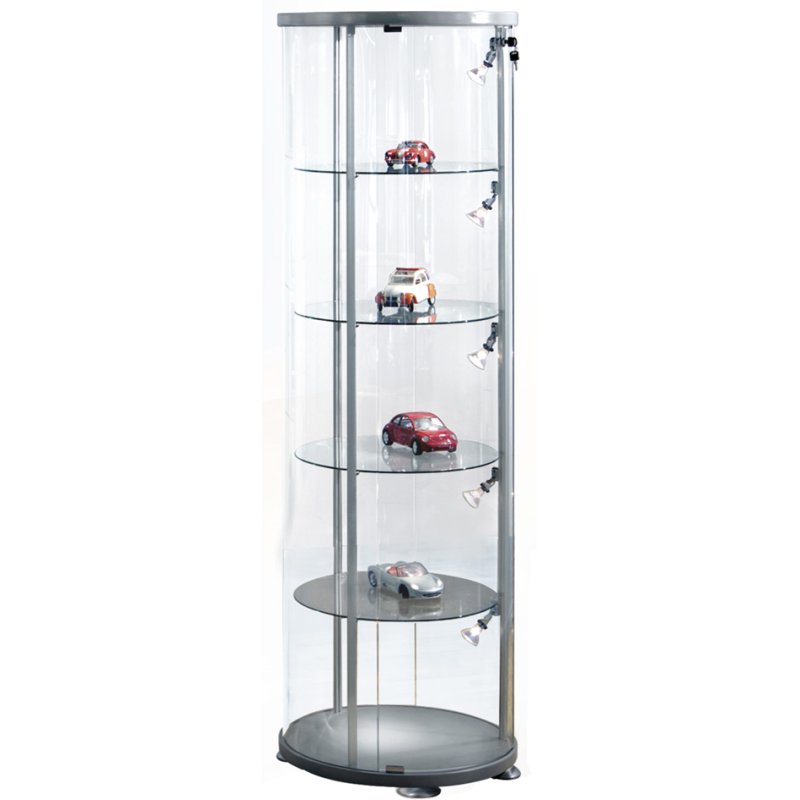 kerkmann ronde vitrine expoline, aluminium zilver, alusilver, afsluitbaar, 4 glazen planken