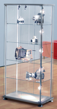 Kerkmann vitrine rechthoekig expoline, 4 glazen planken, alusilver, 850×425×1800 mm