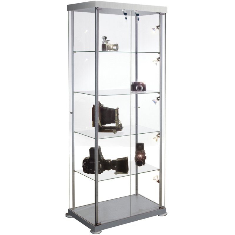 Kerkmann vitrine rechthoekig expoline, aluminium zilver, 4 glazen planken, alusilver, 850×425×1800 mm