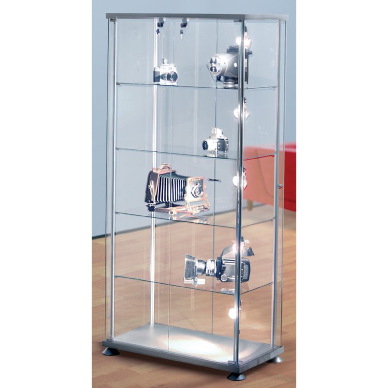 Kerkmann vitrine rectangulaire expoline, aluminium argent, 4 étagères vitrées, alusilver, 850×425×1800 mm
