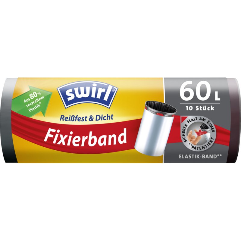 Swirl vuilniszakken met fixeerband, zwart, 60 liter, 10 stuks