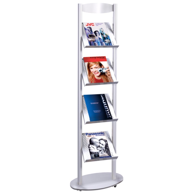 kerkmann brochure rack Sirius, 12 × A4, aluminium silver, 4 tiers