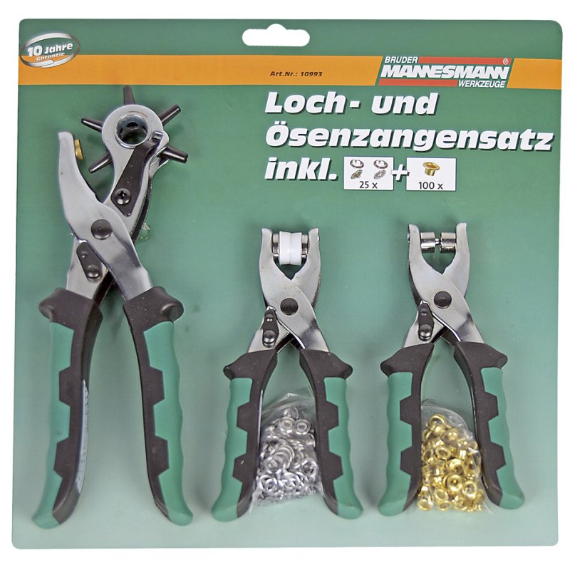 BRÜDER MANNESMANN GREEN LINE pliers and press stud set, 128 pieces, 210 mm revolver punch pliers