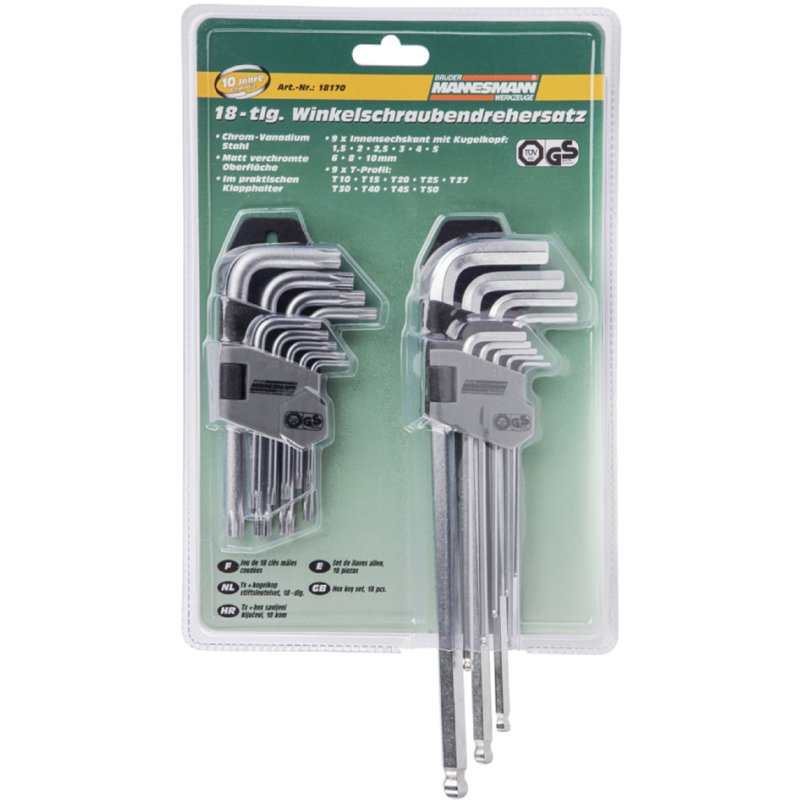 BRÜDER MANNESMANN GREEN LINE Jeu de clés Torx et hex, acier chrome-vanadium, 18 pièces