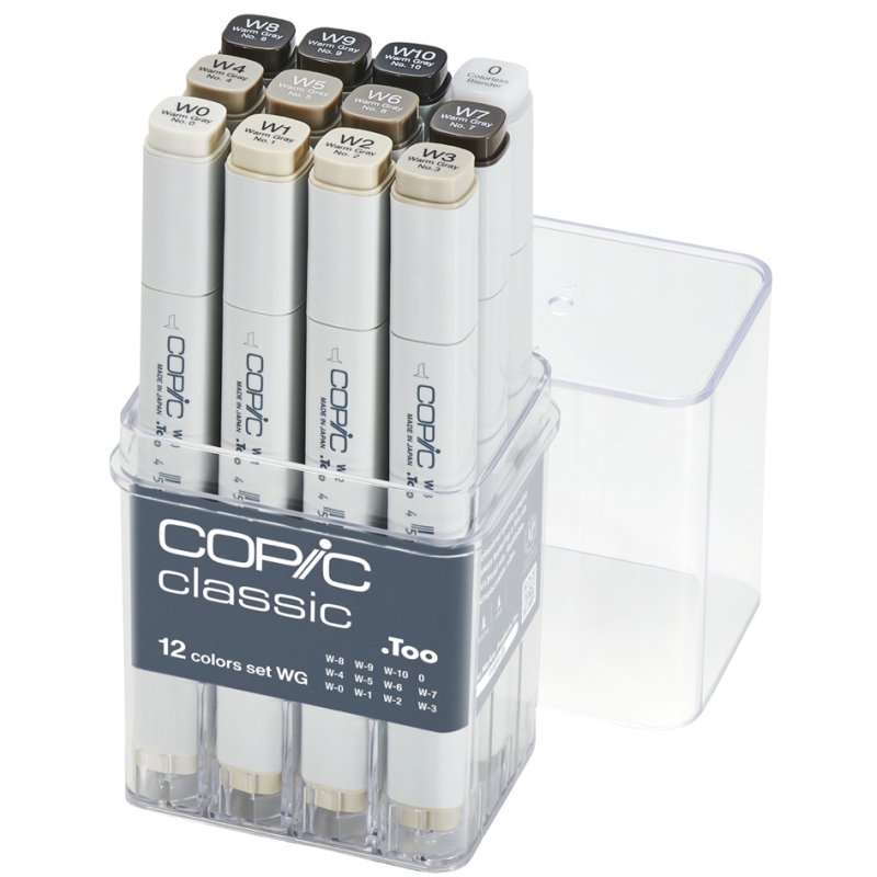 COPIC markers classic gris set WG, teintes de gris chauds, à base d'alcool, 12 pièces
