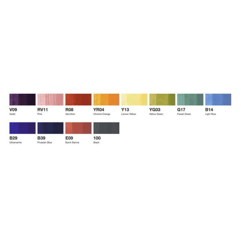 COPIC markers classic, set de base 12 couleurs, à base alcool, rechargeables