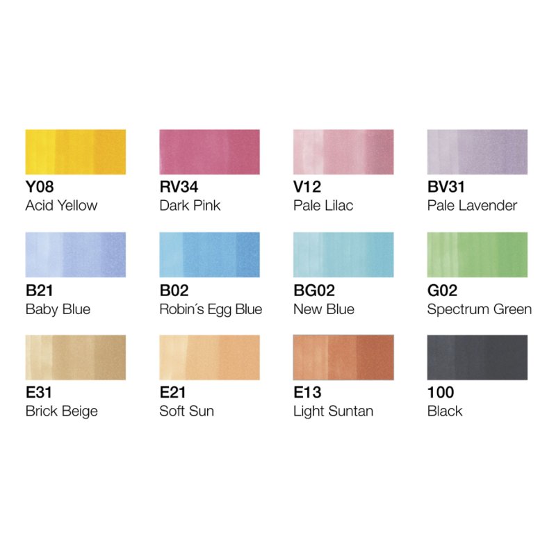 COPIC markers classic set, rechargeables, couleurs pastel, 12 pièces
