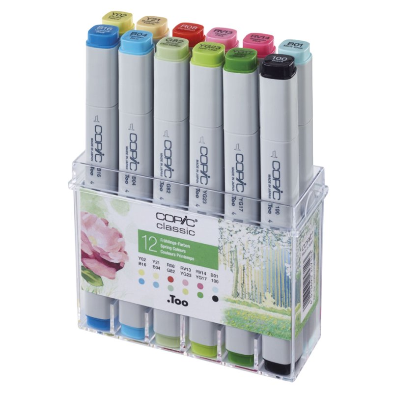 COPIC markers classic set, couleurs printanières, rechargeables, 12 pièces